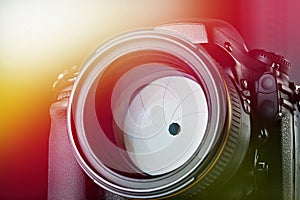 DSLR camera with aperture lens photo