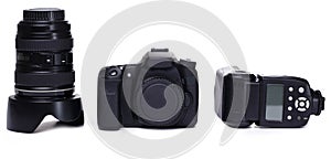 DSLR camera body, lens and flash
