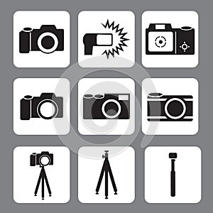 DSLR Camera, flash, tripod, monopod in vector icon