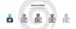 Dslr camera icon in different style vector illustration. two colored and black dslr camera vector icons designed in filled,