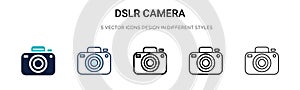 Dslr camera icon in filled, thin line, outline and stroke style. Vector illustration of two colored and black dslr camera vector