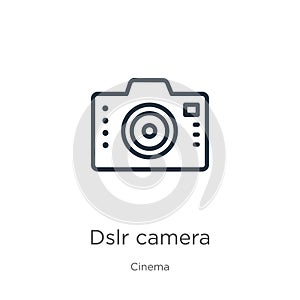 Dslr camera icon. Thin linear dslr camera outline icon isolated on white background from cinema collection. Line vector sign,