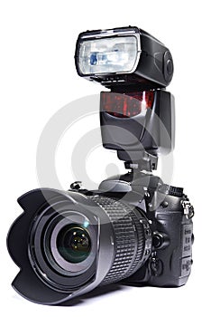 DSLR camera, lens and flash