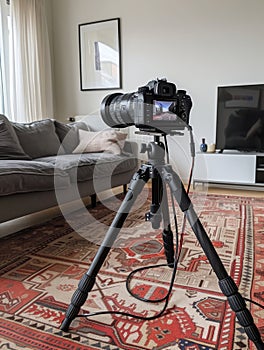 DSLR camera mounted on a tripod in a cozy living room with elegant furniture and warm lighting.