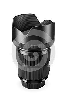 DSLR camera professional prime lens isolated on white. Photography equipment, side view