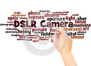 DSLR Camera word cloud hand writing concept