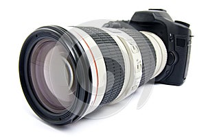 DSLR camera with zoom lens.