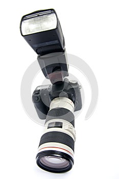 DSLR camera with zoom lens.