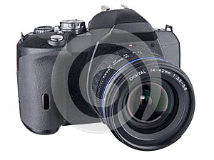DSLR front angled with standard zoom on white