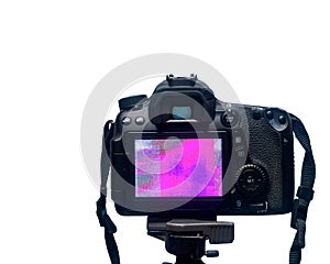 DSLR LCD display screen with Pixel texture of the camera matrix on a tripod on White Background