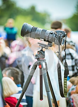 DSLR or mirrorless camera on a tripod with a telephoto lens