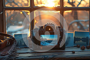 DSLR with winter scene on display screen