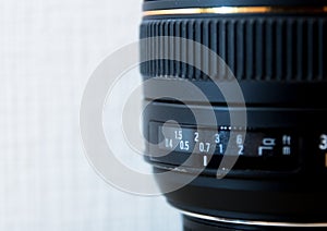 Dslr zoom lens focusing ring with distance indicator.