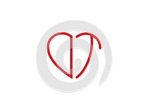 DT Initial heart shape Red colored love logo