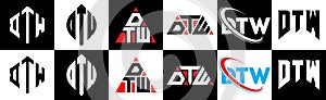DTW letter logo design in six style. DTW polygon, circle, triangle, hexagon, flat and simple style with black and white color