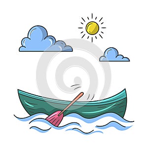 Boat on the sea with cloud and sun Colored vector illustration