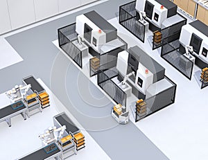 Dual-arm robot assembly motor coils in cell-production space. AGV, CNC machines at background