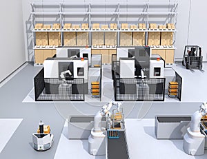 Dual-arm robot assembly motor coils in cell-production space. AGV, CNC machines at background