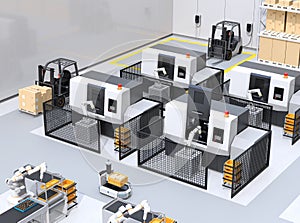 Dual-arm robot assembly motor coils in cell-production space. AGV, forklift and CNC machines at background