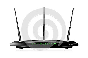 Dual Band Wireless SOHO router with  WAN port  and 4 LAN ports. The router has 3 antennas. Black colour.