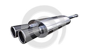 Dual carbon fiber exhaust pipe on white photo