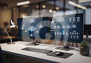 Dual computer monitors display cloud computing