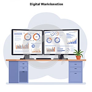 Dual computer monitors display data analytics with various charts and graphs,