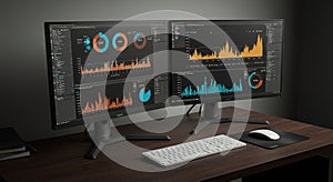 Dual computer monitors display various data visualizations, including bar charts, pie