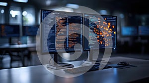 Dual Computer Monitors Displaying Programming Code and Data Visualization in Modern Office Setting
