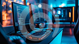 Dual computer monitors in a modern workspace