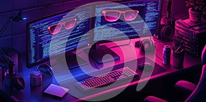 Neon Cyberpunk Developer Workspace with Code and Sunglasses