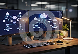 Dual computer monitors on a wooden