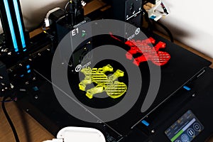 Dual extruder 3d printer which is printing two bicolor model, idex technology