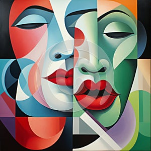 Dual faces blend in a colorful, abstract cubist painting. AI generation