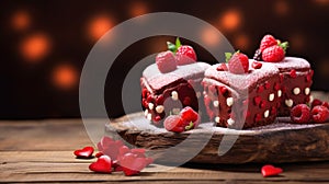 Dual Heart Cakes on Dark Wooden Backdrop for Valentine's - Generative AI