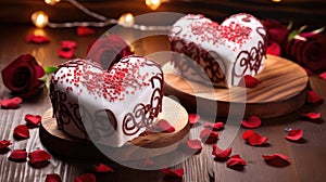 Dual Heart Cakes on Dark Wooden Backdrop for Valentine's - Generative AI