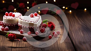 Dual Heart Cakes on Dark Wooden Backdrop for Valentine's - Generative AI