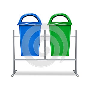 Dual industrial dustbin stand. Color recycle outdoor dust bin set. Hanging garbage waste recycling containers, trash cans