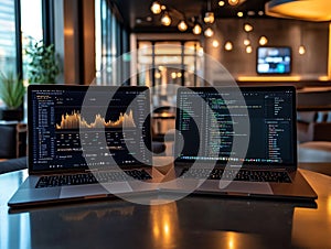 Digital Workspace: Financial Data and Programming Code on Laptops