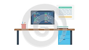 Dual Monitor Programming Desk Icon Flat Design Vector, vector design Generative AI