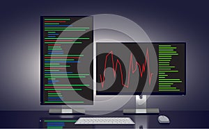 Dual Monitors Displaying Code and Data Analysis