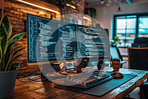 Dual monitors on a wooden desk with a keyboard, mouse, plant, and window in the background