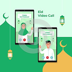 Dual phone screen video call for Eid Mubarak islamic festival celebration during covid pandemic. Son call his mother vector flat