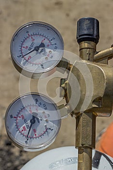 Dual pressure gauges of oxy acetylene tanks photo