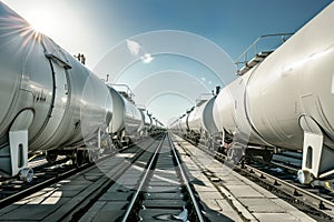 Dual Row of Hydrogen Tankers on Railroad in Sunshine