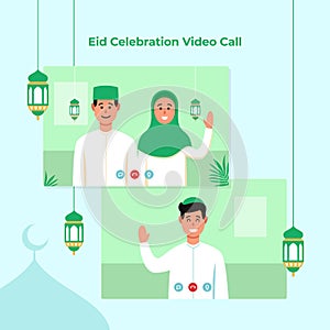 Dual screen video call for Eid Mubarak islamic festival celebration during covid pandemic. Father and online meeting with son