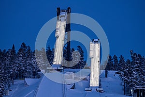 The dual ski jumping slopes or towers in Falun, Sweden