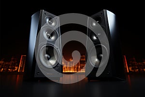 Dual speakers poised in a symphony of sound against black