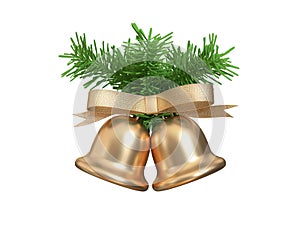 Dual-twin metallic gold christmas bell ribbon green christmas tree leaf 3d rendering