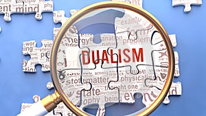 Dualism and related ideas on a puzzle pieces. A metaphor showing complexity of Dualism analyzed with a help of a magnify